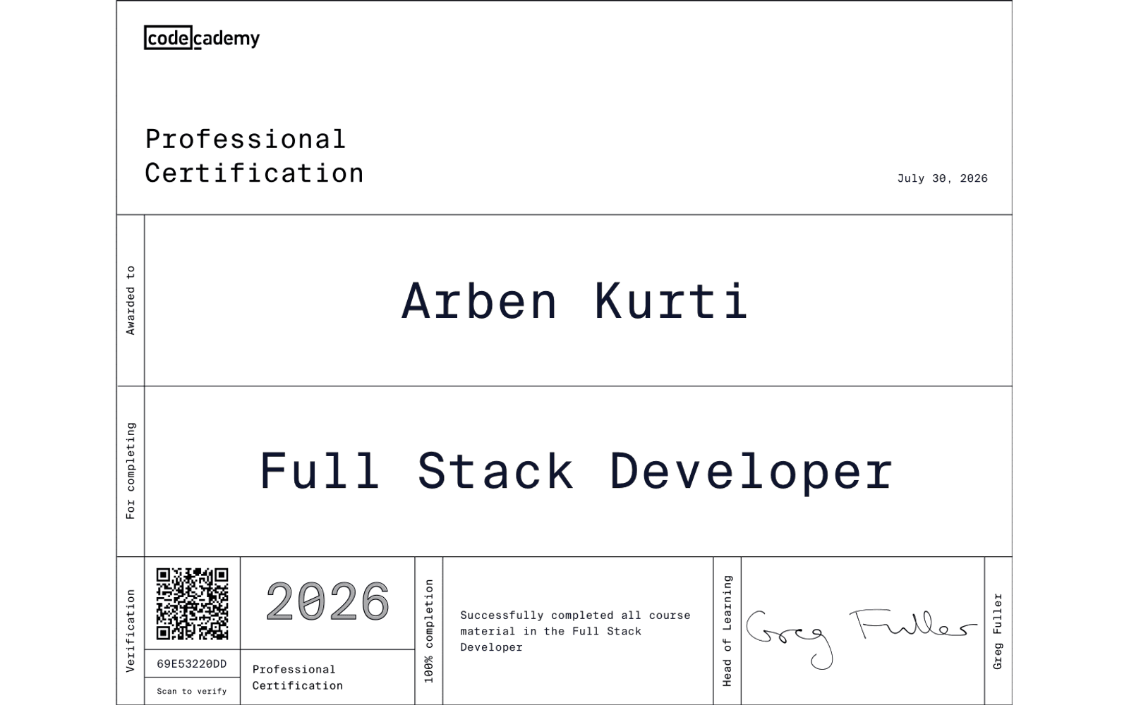 Full Stack Developer — certificate preview