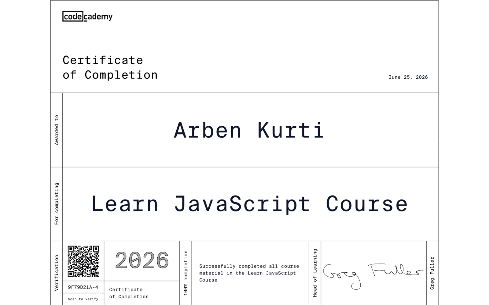 Learn JavaScript — certificate preview