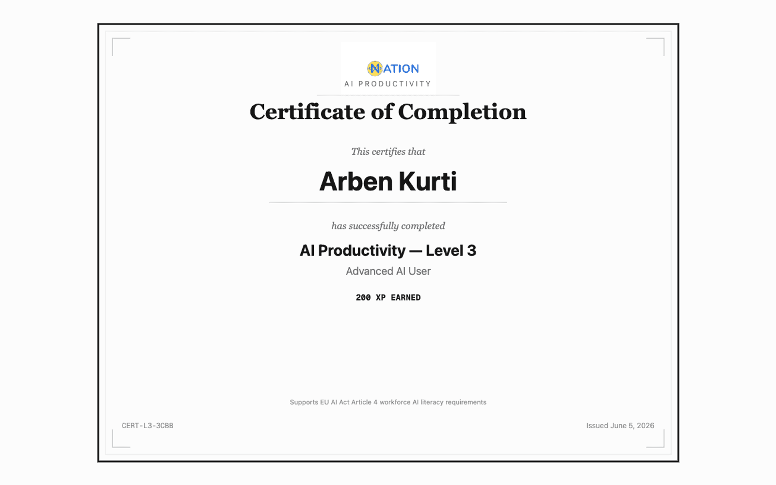 AI Productivity — Level 3 — certificate preview